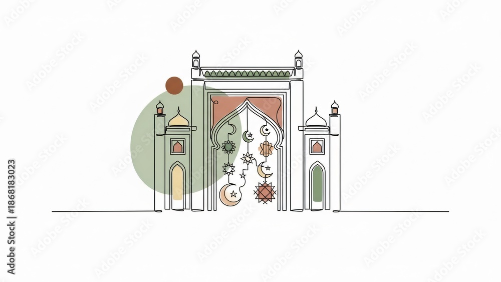 Obraz premium Minimalist Mosque Gateway with Ramadan Decorations