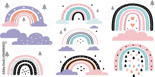 Cute rainbow illustration set with clouds, raindrops and decorative elements isolated on white background flat vector design