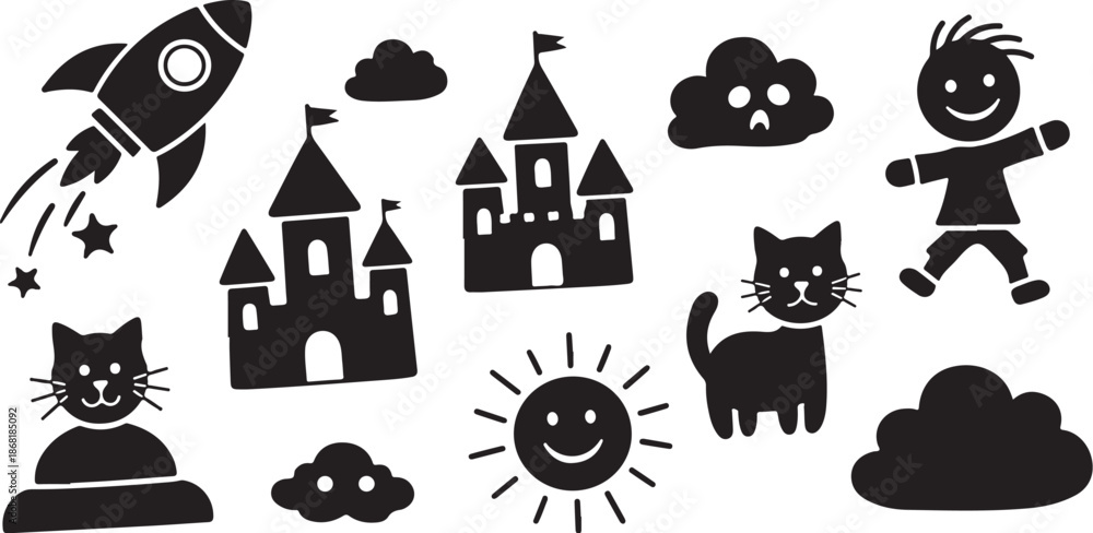 Obraz premium Black Silhouette Icons for Kids and Children Concepts