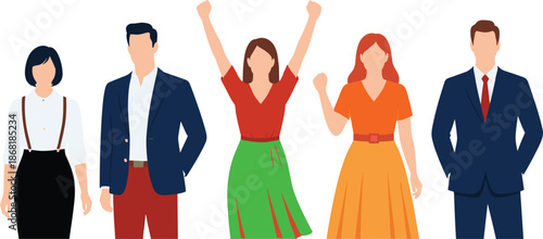 Group of men and women standing together showing different emotions and gestures isolated on white flat vector illustration