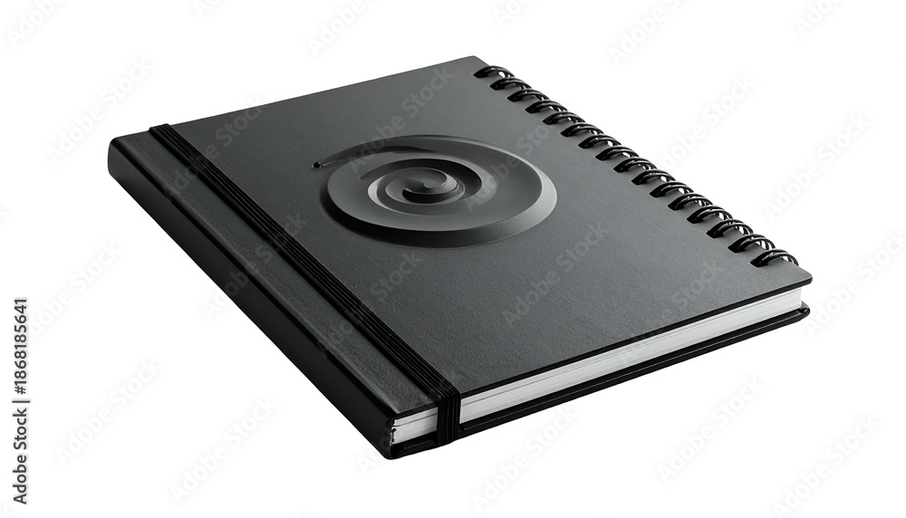 Fototapeta premium Sleek, dark gray spiral-bound notebook with a raised spiral design on the cover