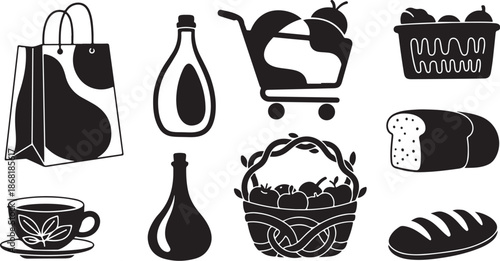 Grocery shopping icons and food symbols in black