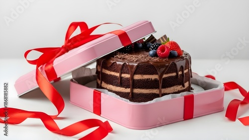 chocolate cake with red ribbon