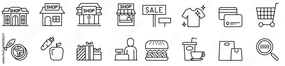 Φωτογραφία Shop building, Shopping mall, supermarket icon set in thin line style