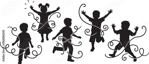 Silhouettes of happy children jumping and playing outside freely