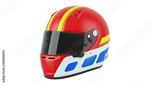 Red and yellow racing helmet with dark visor