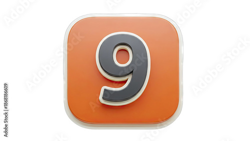 3D Rendered Number 9 on Orange Square with Rounded Corners
