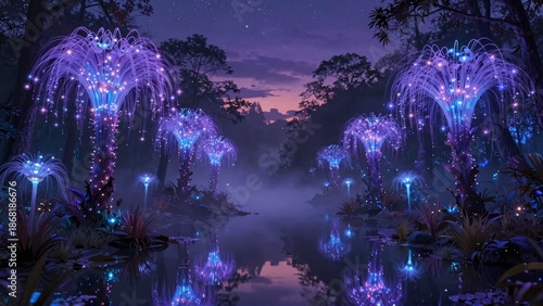 Bioluminescent forest plants reflect in misty lake at twilight