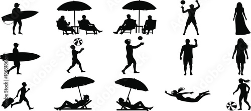 Beach activity silhouettes, summer vacation icons, black figures, surfboard, umbrella, volleyball, travel scene, leisure time, tropical holiday, seaside lifestyleBeach activity silhouettes