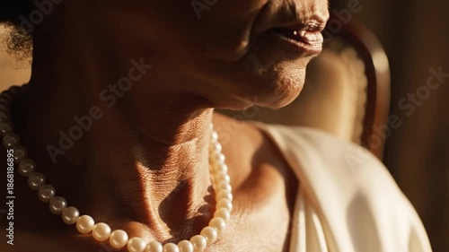 Elegant Mature Woman with Pearl Necklace and White Satin Gown in Gentle Sunlight Portraying Grace and Sophistication