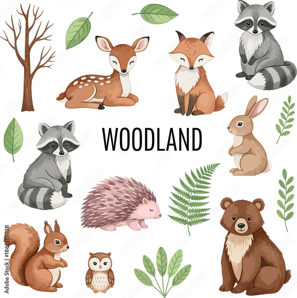 Naklejka premium Woodland Animals Vector Illustration Set Featuring Deer Fox Raccoon Bear Rabbit Squirrel Owl Hedgehog and Forest Greenery Elements