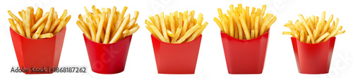 Variety of Red Fast Food Containers with Delicious French Fries Isolated Transparent Background