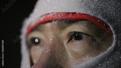 Intense Gaze of a Frost-Covered Explorer Revealing Resilience in the Depth of a Frozen Wilderness at Night