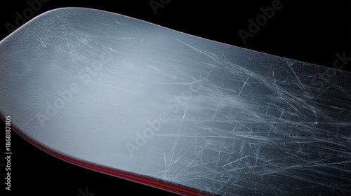 Unique Perspective of a Well-Used Snowboard Showing Intricate Scratches Against a Dark Backdrop, Capturing the Essence of Winter Sports Adventure