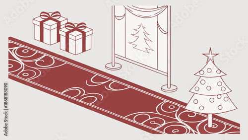 Digital illustration of a red carpet with a Christmas tree, gifts, and decorative archway on a light gray background with a festive holiday theme.