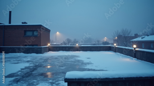Secure winter rooftop with rooftop snow removal at night, cleared roof surface with ice patches, urban safety maintenance concept