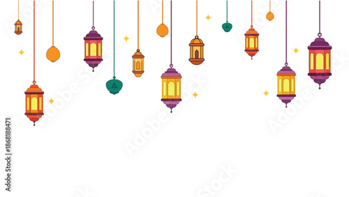 Ramadan & Eid Lantern Hanging Icon Set featuring colorful Islamic lanterns suspended in a decorative arrangement.
