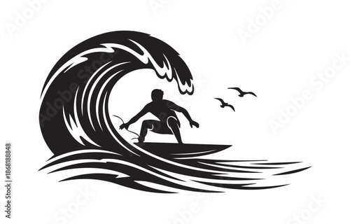 Monochromatic depiction of a surfer riding a wave with two birds flying overhead showcasing a minimalist and stylized design.