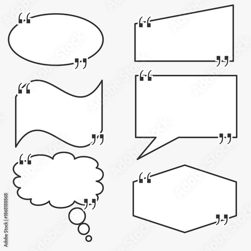 Set of Minimalist Quote Frame Icons and Speech Bubbles with Quotation Marks in Various Shapes Including Oval, Rectangular, and Cloud for Creative Writing, Social Media, and Digital Design