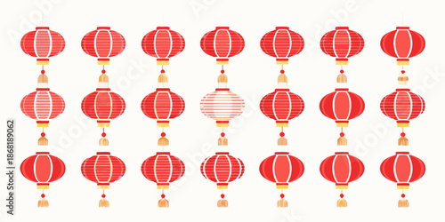 A collection of vibrant red paper lanterns with golden tassels displayed in rows