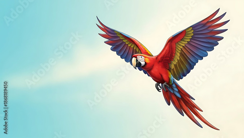 Scarlet Macaw in Mid-Flight – Airy Watercolor on Turquoise to Cream Gradient with Copy Space for World Wildlife Day Avian Conservation