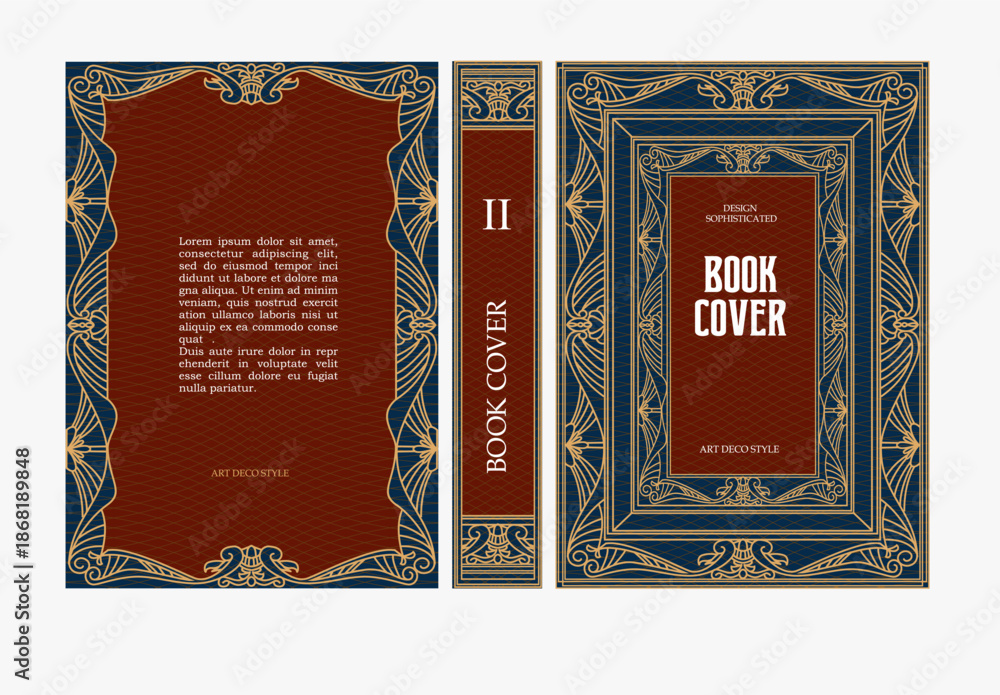 Fototapeta premium Classic vintage book cover and spine with gold and black art deco, art nouveau ornament, decorative frame, elegant retro style for classic publications, posters, artistic layouts