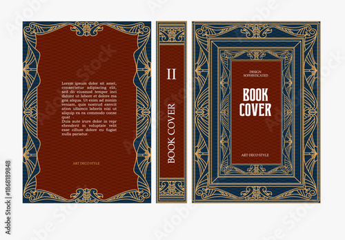Classic vintage book cover and spine with gold and black art deco, art nouveau ornament, decorative frame, elegant retro style for classic publications, posters, artistic layouts