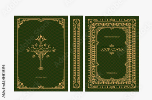 Classic vintage book cover and spine with gold and black art deco, art nouveau ornament, decorative frame, elegant retro style for classic publications, posters, artistic layouts