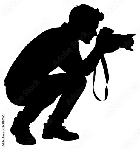 Professional Male Photographer Silhouette Crouching with Camera and Backpack on Transparent Background