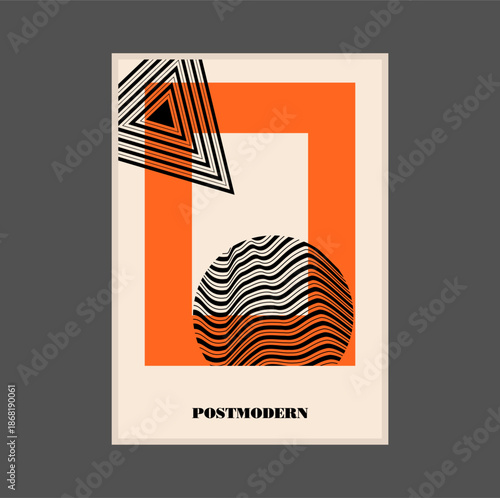 Poster inspired postmodern of vector abstract dynamic symbols with bold geometric shapes, useful for web background, poster art design, magazine front page, hi-tech print, cover artwork.