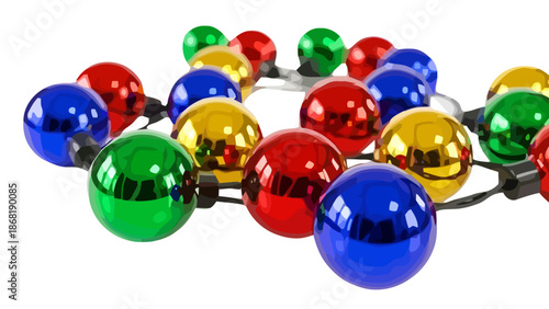 Close-up of large glossy colorful Christmas light bulbs on white.