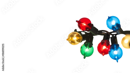 Retro style large colorful Christmas light bulbs cluster on white.