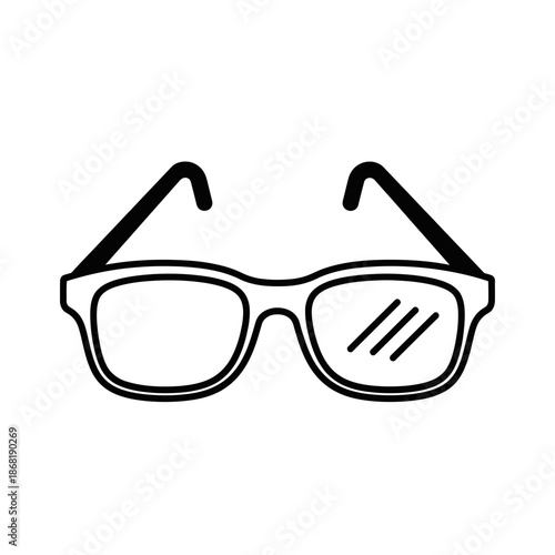 Simple Black Outline Glasses Icon with Reflection on White Background