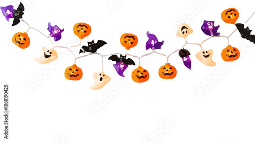 Halloween spooky character string lights with pumpkins, ghosts, and bats
