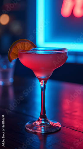 Fresh neon bar mocktail in glass with lemon wedge, clear pink non alcoholic cocktail on counter, modern night nightlife lifestyle scene