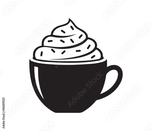 Black silhouette coffee and hot drink mugs with steam and whipped cream on a white background coffee cup.