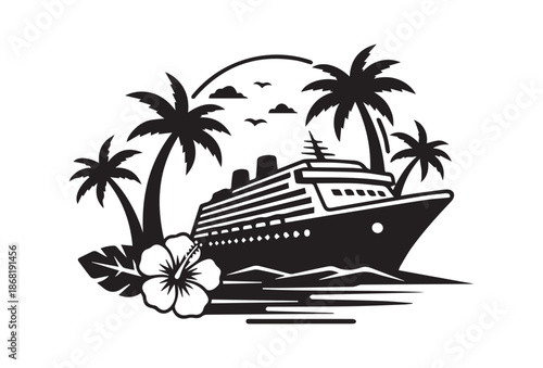 Striking vector illustration of a magnificent cruise ship gracefully navigating ocean waves, a classic black and white graphic evoking grand voyages and maritime adventures.