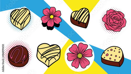 Colorful heart shaped desserts and flowers in pop art style