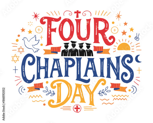 Four Chaplains Day Vector Illustration Honoring Heroic Chaplains Isolated on White Background