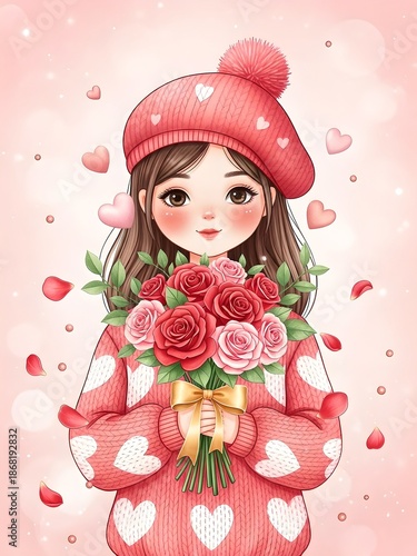 Sweet Valentine: Girl With Pink Beret, Heart Sweater, And Bouquet Of Roses
