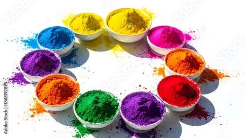Vibrant holi colors in bowls for hindu festival of colors