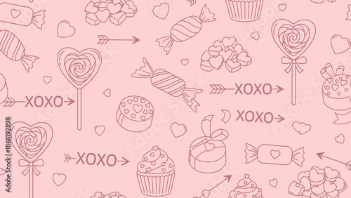 Valentine's Day Celebration, Sweet Treats, Pink Background, Digital Art, Whimsical, Aerial View, Love Theme