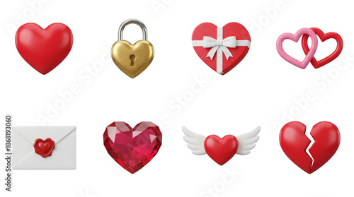 Heart icon set including 3D lock, gift box, interlocking shapes, envelope, ruby, wings, and broken versions isolated. Romantic Valentine's Day elements for love and marriage.