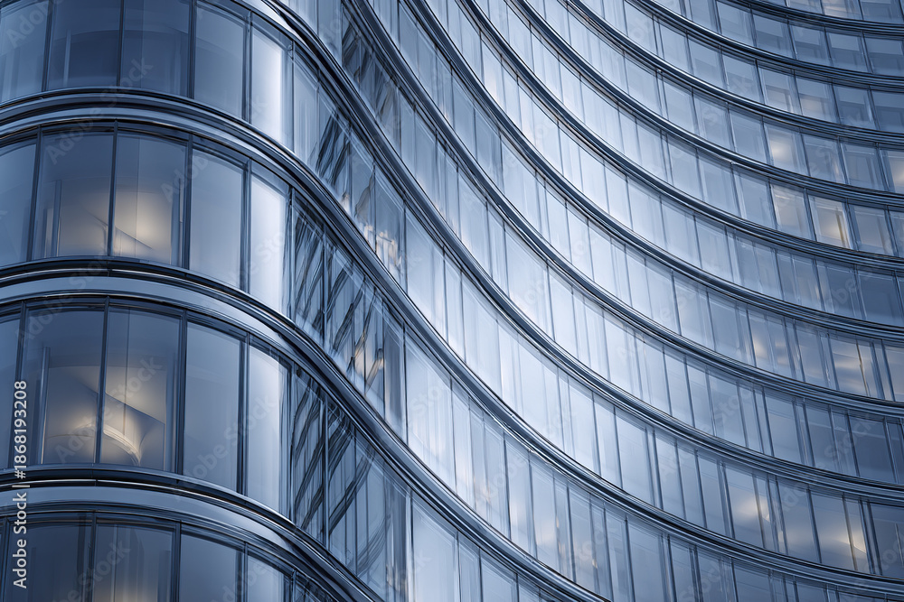 Obraz premium Modern curved glass facade of office building reflects soft light, creating sleek and elegant architectural design with smooth lines and transparent windows