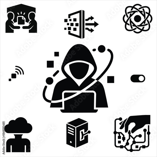 Cybersecurity and Hacking Icon Set – Anonymous Hacker, Data Breach, Cloud Security and Network Access.