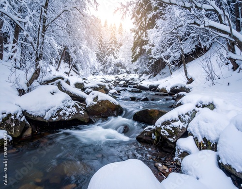 Snowy winter scene a rushing stream carves through a forest of snow-laden trees