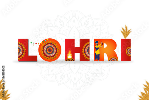 Happy Lohri TEXT holiday background for Punjabi festival. Vector illustration