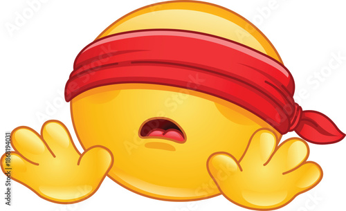 Emoji Emoticon with a Red Blindfold Bandana Covering Its Eyes, Stretching Its Hands Forward in Confusion, Expressing Feeling Lost, Unsure, or Searching for Direction.