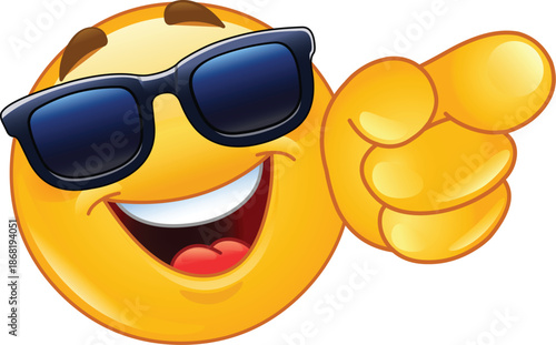 Happy Emoji Emoticon Wearing Sunglasses and Pointing Directly at the Viewer