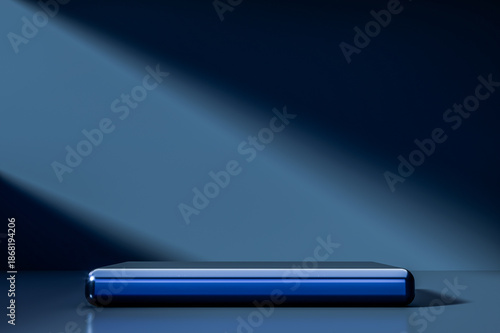 Dark luxury podium with glossy reflections and dramatic studio lighting on a minimalist background, ideal for premium product presentation, branding, and modern design, 3d rendering